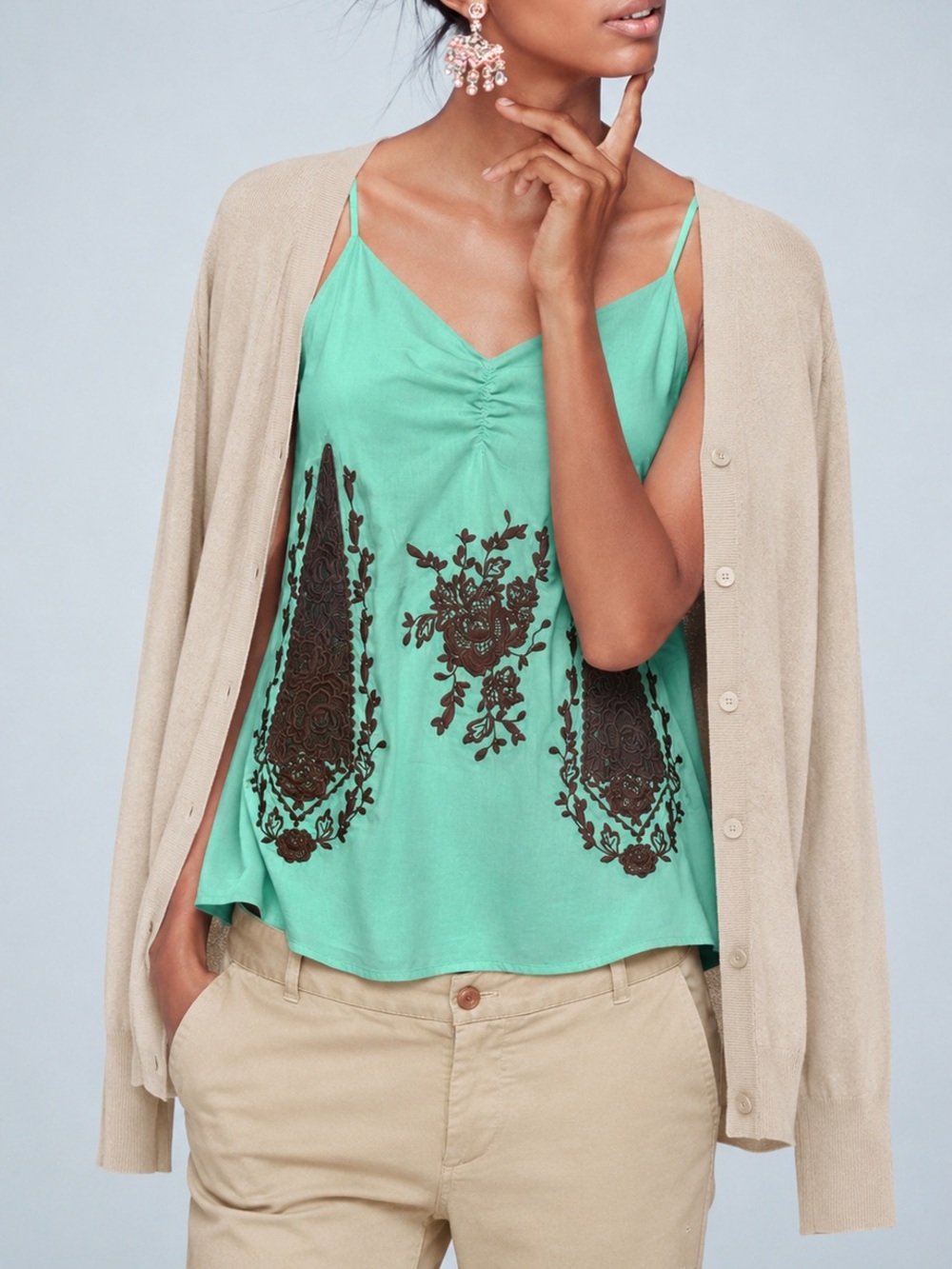 Mint Green Camisole with Black Floral Embroidery (0059)